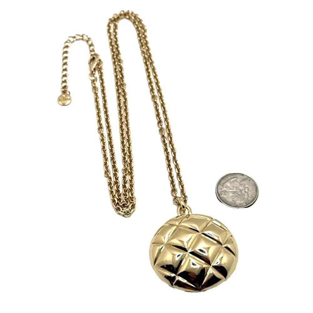 ALFANI Quilted Puffy Pendant Necklace Gold Tone Textured Round Statement 34